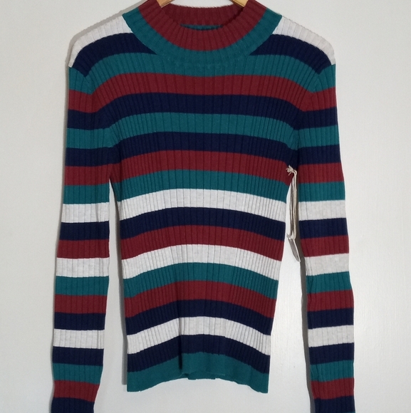 Poof Apparel long sleeve ribbed striped crew neck knit top women's medium NWT - Picture 1 of 6